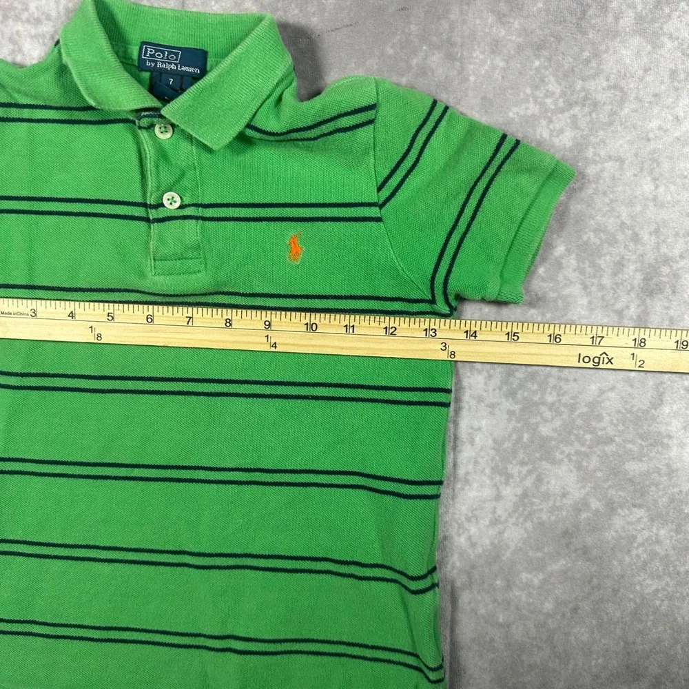 VTG‎ Polo Ralph Lauren Kids Size 7 Green Striped Short Sleeve Polo Orange Pony